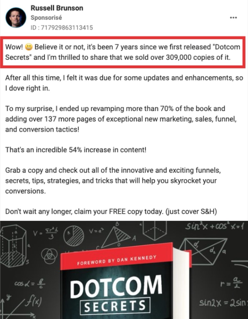 Publicité annonçant 309 000 exemplaires de Dotcom Secrets