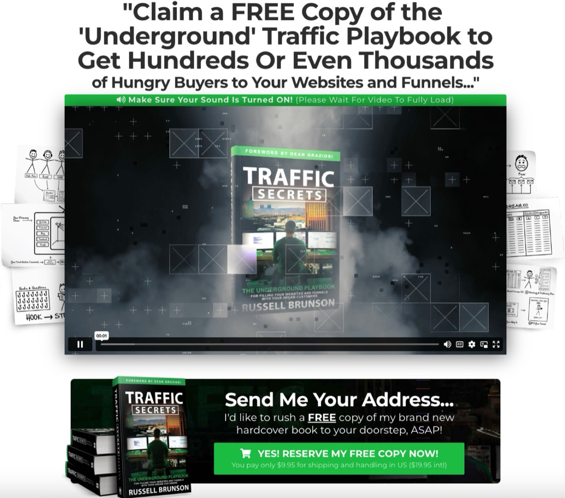 Page de vente de Traffic Secrets : livre gratuit, frais de livraison seuls