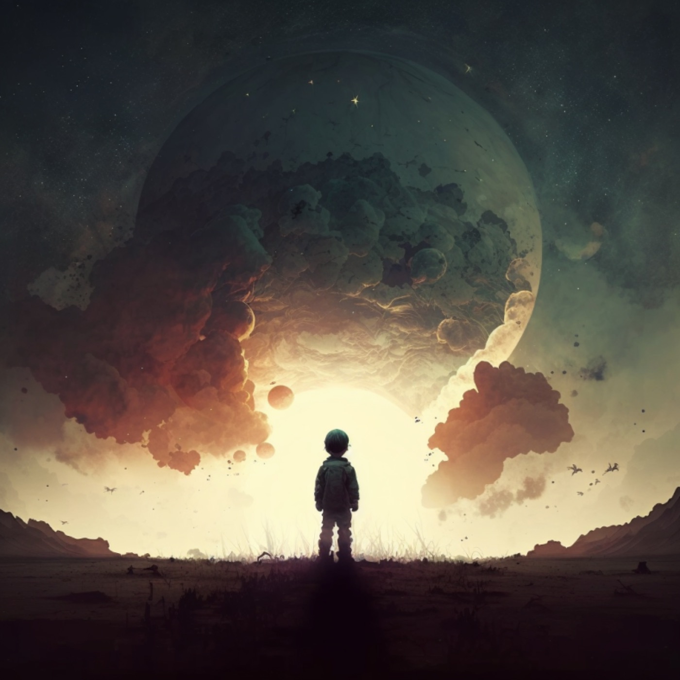 Un enfant face à un immense paysage cosmique