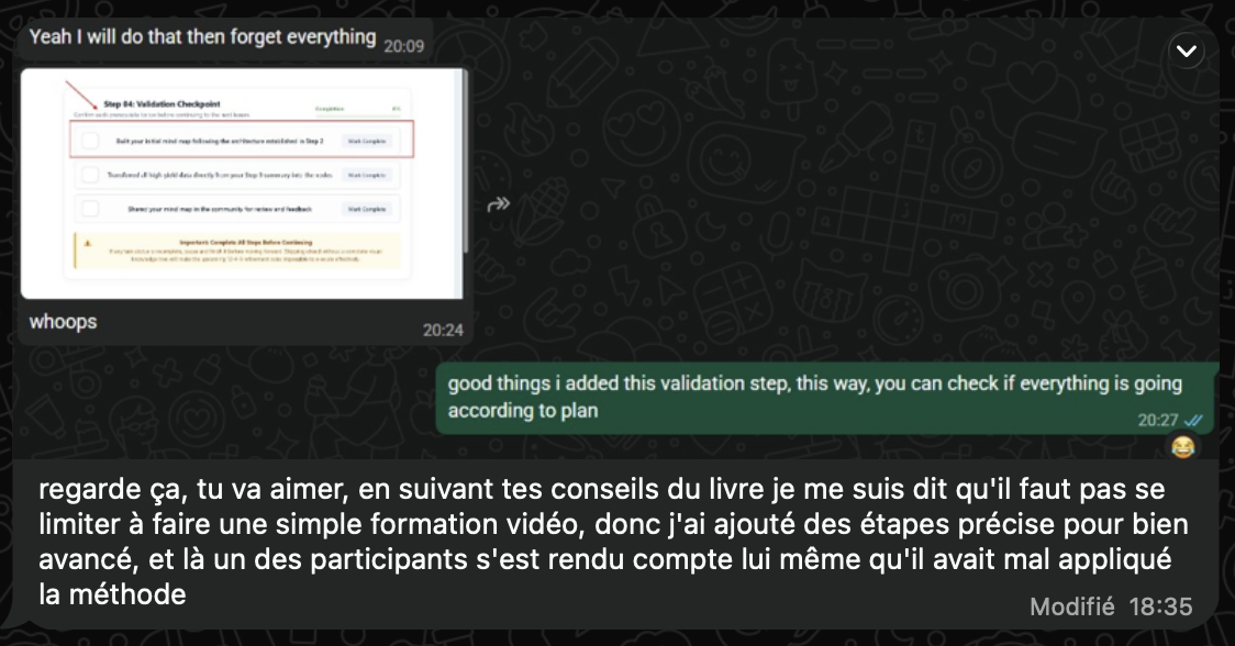 Capture de la conversation d'Adrien Terwagne : un lecteur a appliqué les conseils du livre Incopiable